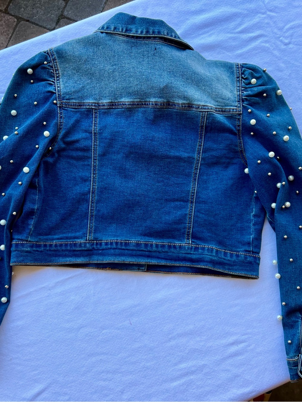 VENUS Dark Blue Denim Crop Jacket with Pearl Sleeve Accents - Picture 4 of 4